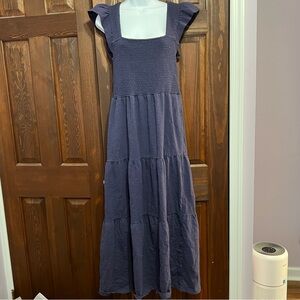 Lucky Brand Smocked Flutter Sleeve Tiered Maxi Dress in Navy